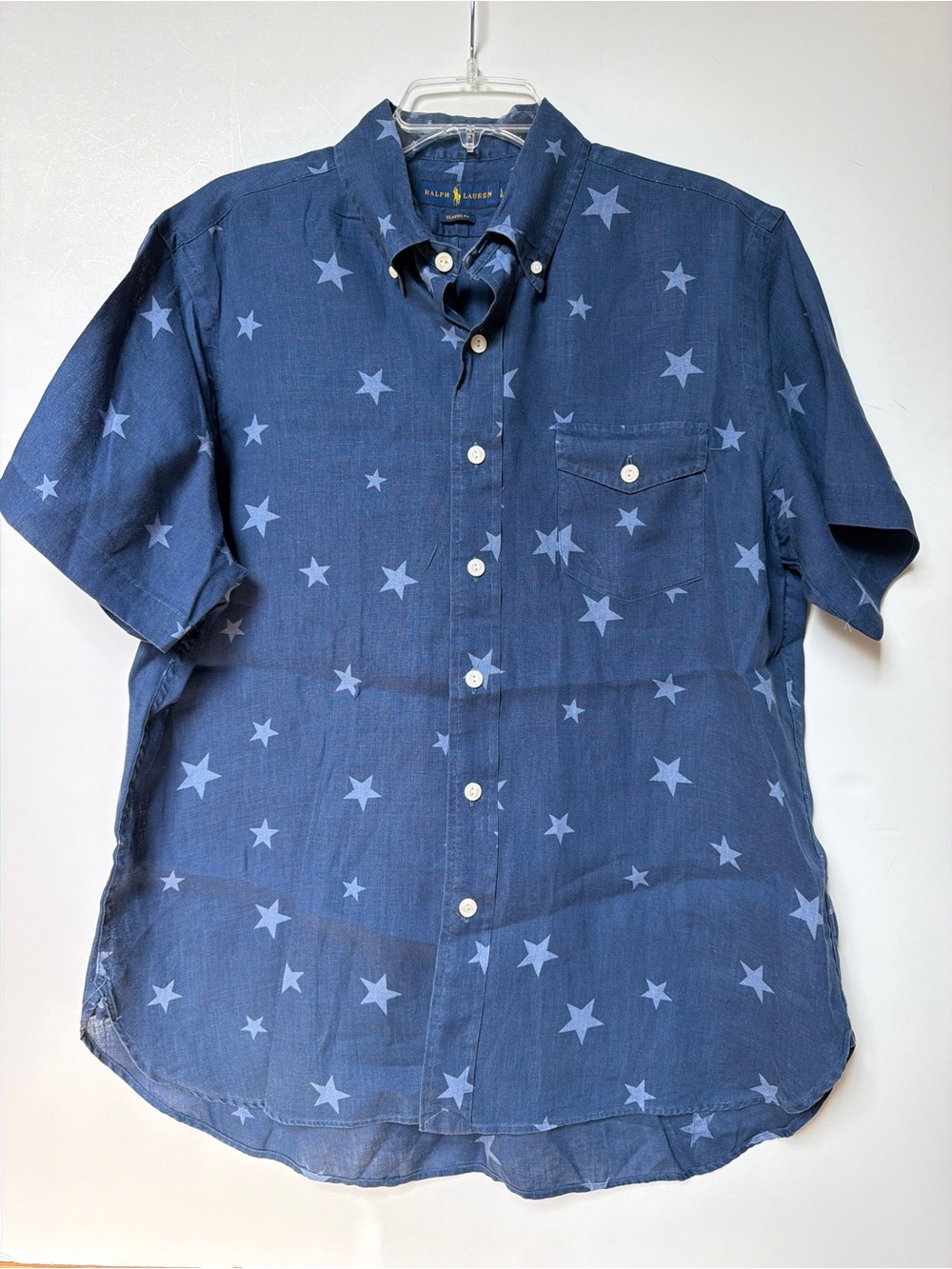 Ralph Lauren Men’s Blue 100% Linen Star Print Button Down Size Large